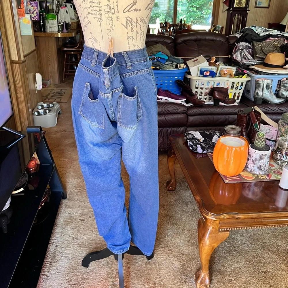 High Rise Jeans for Women Trendy 90s Denim Straight Leg Jeans orange thread rips - Picture 5 of 16
